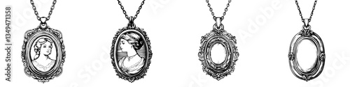 Vintage lockets with intricate designs featuring portraits of women and empty frames for personalization