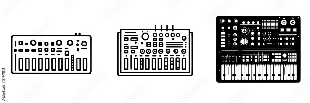 Musical synthesizers and keyboards laid out in a creative arrangement showcasing different styles and features Musical synthesizers and keyboards laid out in a creative arrangement showcasing different styles and features