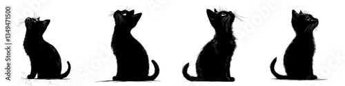 Four playful black kittens looking up in a minimalist art style captured on a clean white background