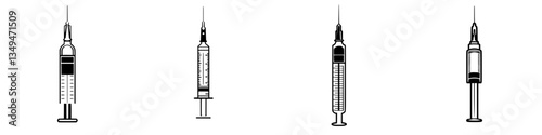 Different styles of syringes shown in a simple layout for educational purposes or medical illustration