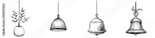 Decorative hanging bells and planters displayed in a rustic setting with a focus on unique designs and craftsmanship