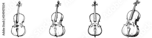 Four distinct sketches of violins showcasing their unique shapes and intricate designs during a musical art project