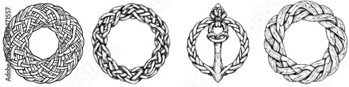 Various intricately designed knot patterns displayed on a plain background, showcasing detailed craftsmanship and artistry