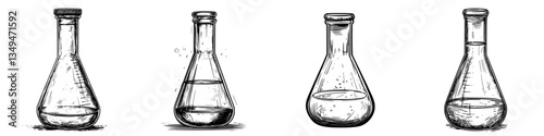 Various laboratory glassware featuring flasks and beakers filled with liquids showcased in a minimalist design