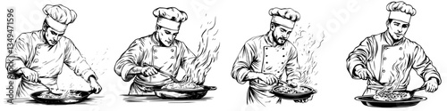 Chef preparing a delicious dish in a restaurant kitchen with flames and skillful technique