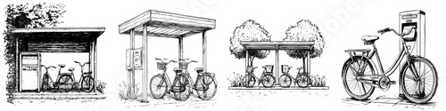 Bicycle rental station with wooden shelters and multiple bicycles in a park setting during daylight