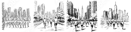 Urban runners participate in a fitness event through a bustling city landscape during a sunny afternoon