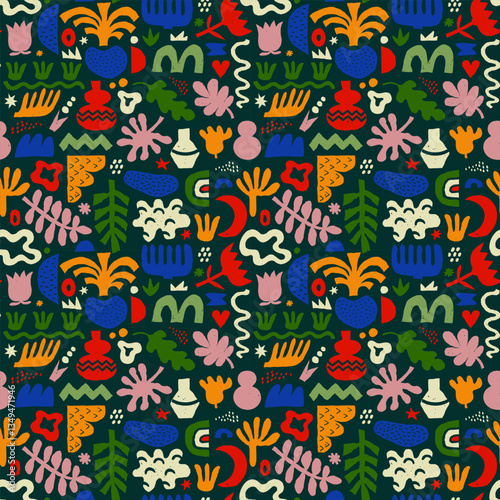 Abstract organic shape seamless pattern with naive geometric doodles.