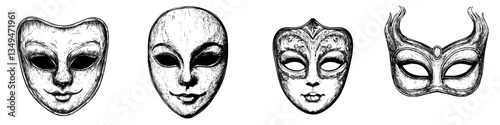 Four intricately designed masks showcasing diverse styles and artistry displayed in a creative arrangement