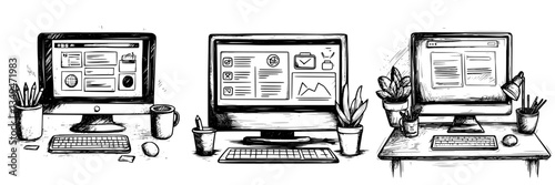Creative workspace setup with three computers showcasing different digital activities and a cozy arrangement