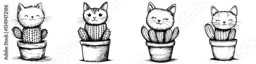 Creative illustration of cute cats designed as cacti in flower pots showcasing unique expressions and playful charm