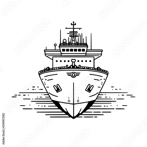Ship navigating calm waters with detailed outline and design at sunset near coastal shore