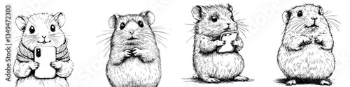 Cute hamsters interacting with smartphones in a playful comic-style artwork at an imaginative setting