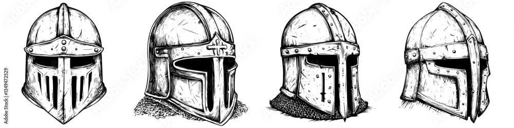 Various types of medieval helmets displayed in a row showcasing historical armor designs and craftsmanship