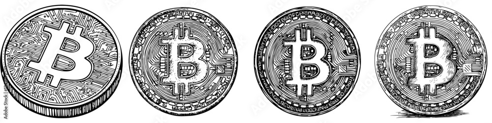 Bitcoin coins depicted in various designs showcasing cryptocurrency technology and digital finance concepts in a creative representation Bitcoin coins depicted in various designs showcasing cryptocurrency technology and digital finance concepts in a creative representation