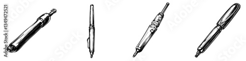 Different views of a classic fountain pen showcasing its elegant design in a drawing style