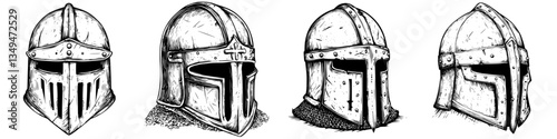 Various types of medieval helmets displayed in a row showcasing historical armor designs and craftsmanship