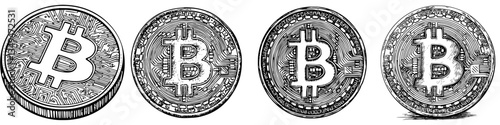 Bitcoin coins depicted in various designs showcasing cryptocurrency technology and digital finance concepts in a creative representation