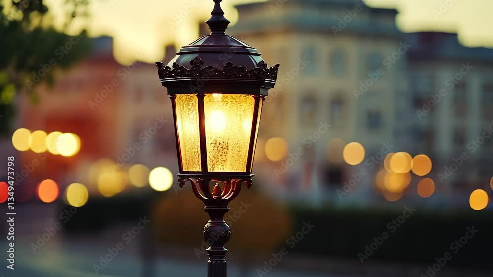 An old fashioned street light. A lantern with a blurred light on the background. A city building lit up with street lights. A vintage street lamp lifestyle.