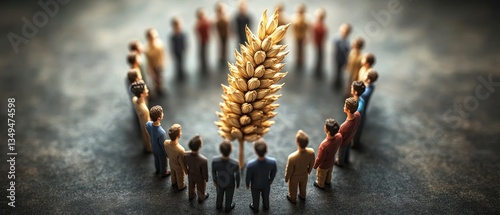 Small People Forming Circle Around Golden Grain Of Wheat