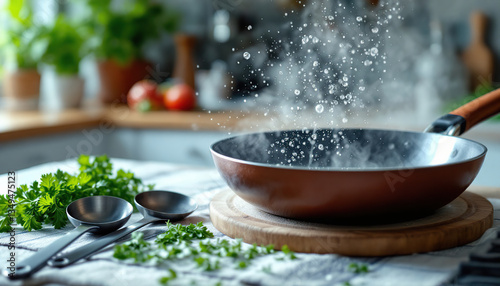A cooking pan with water droplets and culinary ingredients nearby