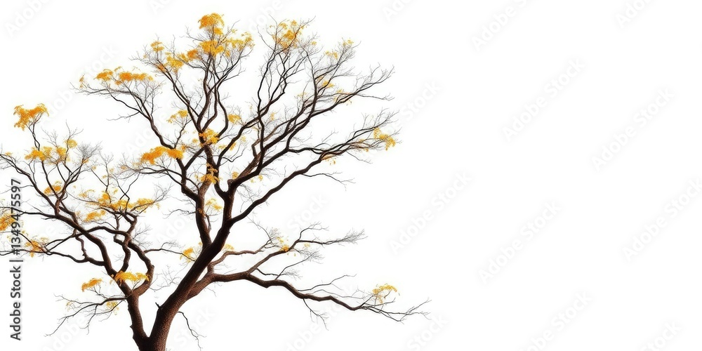 Lone deciduous tree, branches reaching skyward, stark white background, element, summer Lone deciduous tree, branches reaching skyward, stark white background, element, summer