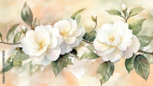 Delicate white camellia blossoms on a branch.  Soft watercolor style