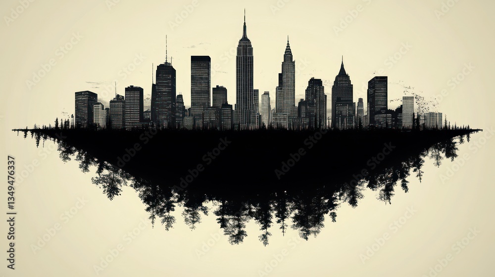 Obraz premium A black and white image showing city over a forest