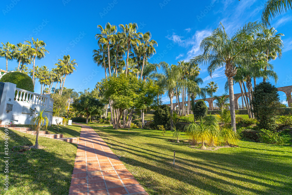 Fototapeta premium Parque tropical con palmeras y acueducto histórico en un día soleado