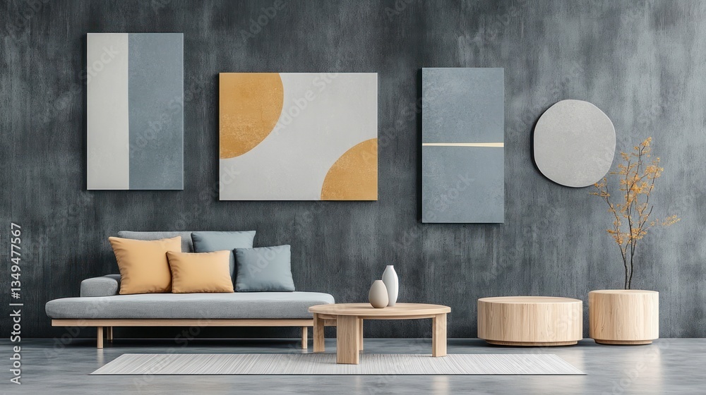 Obraz premium Modern living room with gray sofa, wooden coffee table, and abstract art