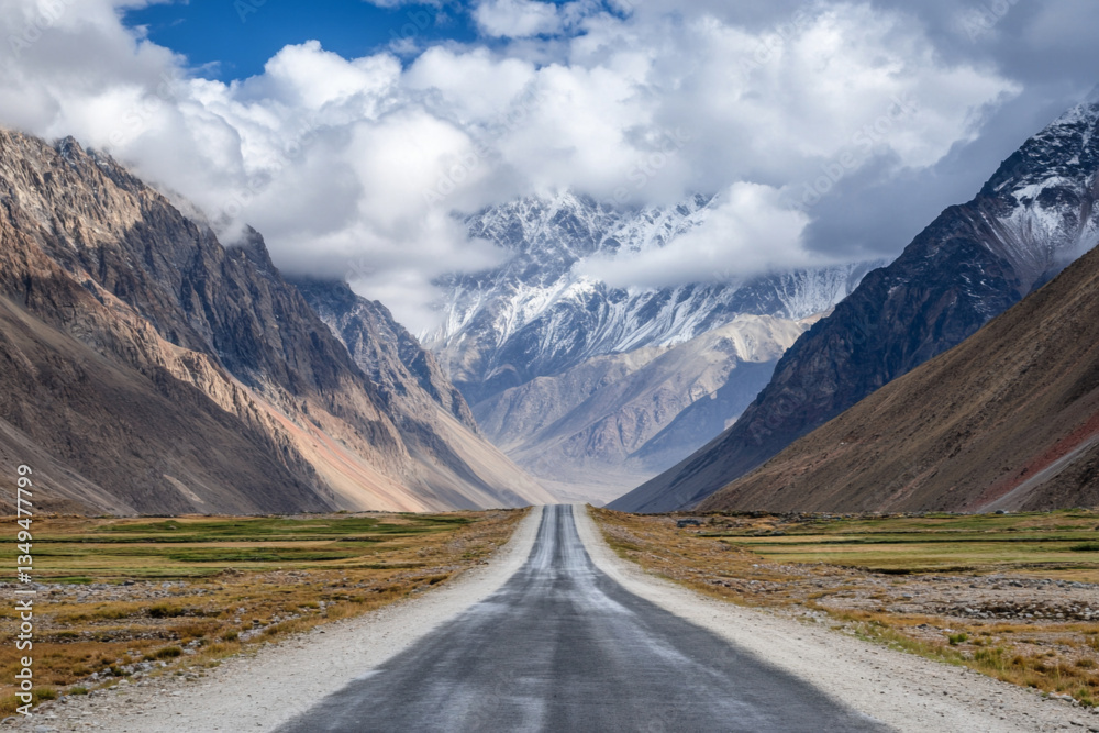 Fototapeta premium There is a long road going through a mountain valley with a mountain range in the background