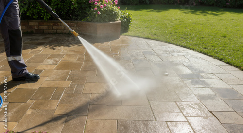 Man using pressure washer to clean stone patio showing before and after effect. Outdoor cleaning service concept for property maintenance and paving restoration