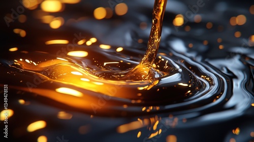 Golden liquid pouring, ripples, dark background, industrial use