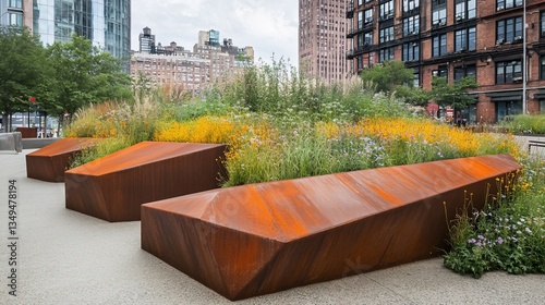 Rust-Colored Benches Amidst Vibrant Urban Flora in New York City