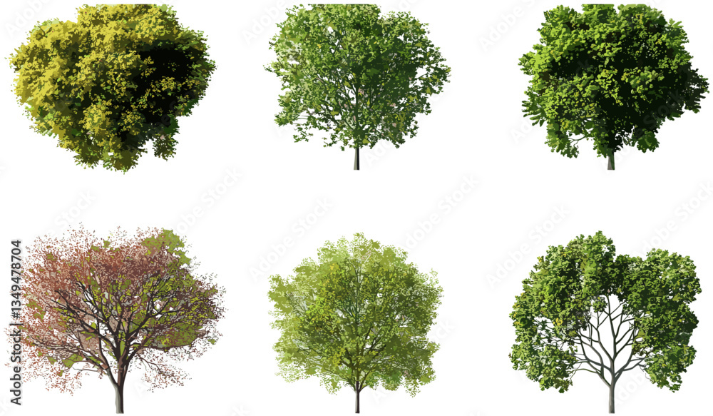 Fototapeta premium Vector life trees top view, seasons change, transparent background PNG, seasonal landscape, outdoor, nature, foliage, seasonal shift, nature’s changes, tree silhouettes, green foliage