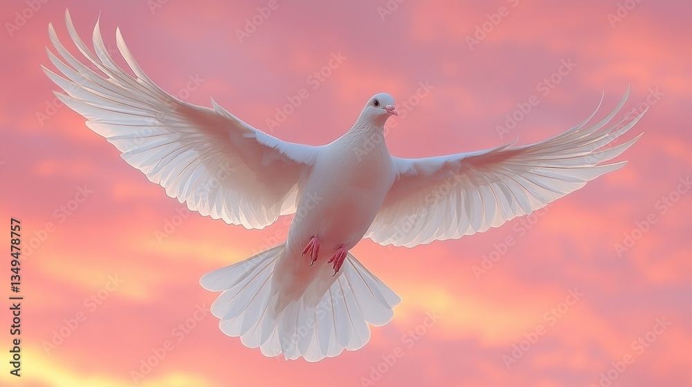 Fototapeta premium White dove in flight, sunset sky