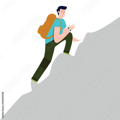 Vector of a man hiking mountain over rocks