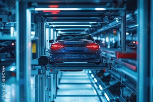 A blue car is being lifted by an automated parking system in a modern, futuristic garage.