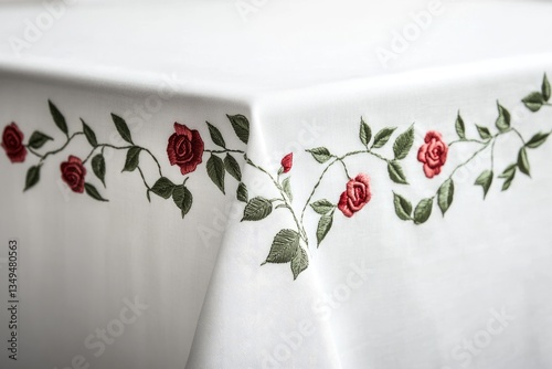 Elegant white tablecloth with embroidered rose vines, delicate and beautiful.