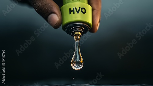 HVO fuel drop with hand, and closeup.
