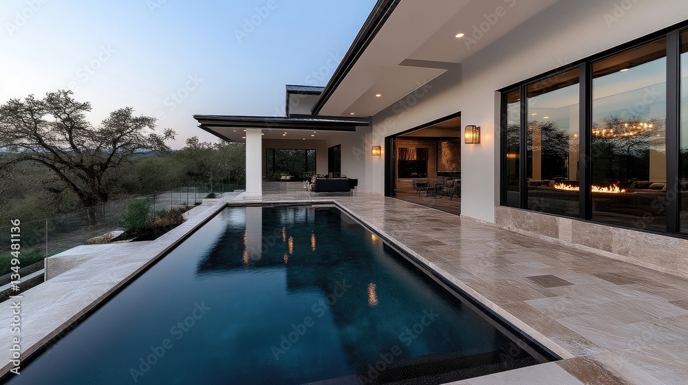 Fototapeta premium Modern luxury home exterior with pool and patio. Spacious outdoor living area featuring a large swimming pool, patio, and stunning views. Modern architecture with large windows and a covered patio