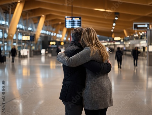 A couple embraces emotionally in an airport terminal, capturing the essence of reunion.