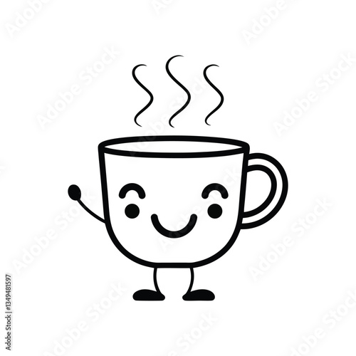 a vector illustration of a smiling coffee cup mascot with steam.