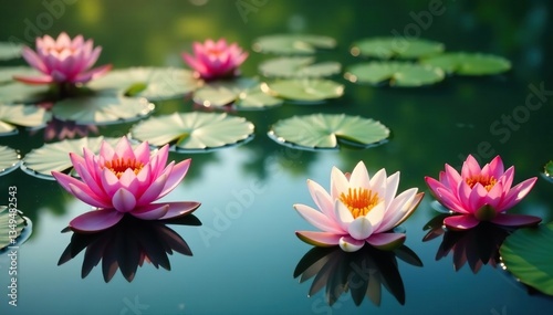 Water lilies creating a floral pattern across a still lake, background, flora, water lilies