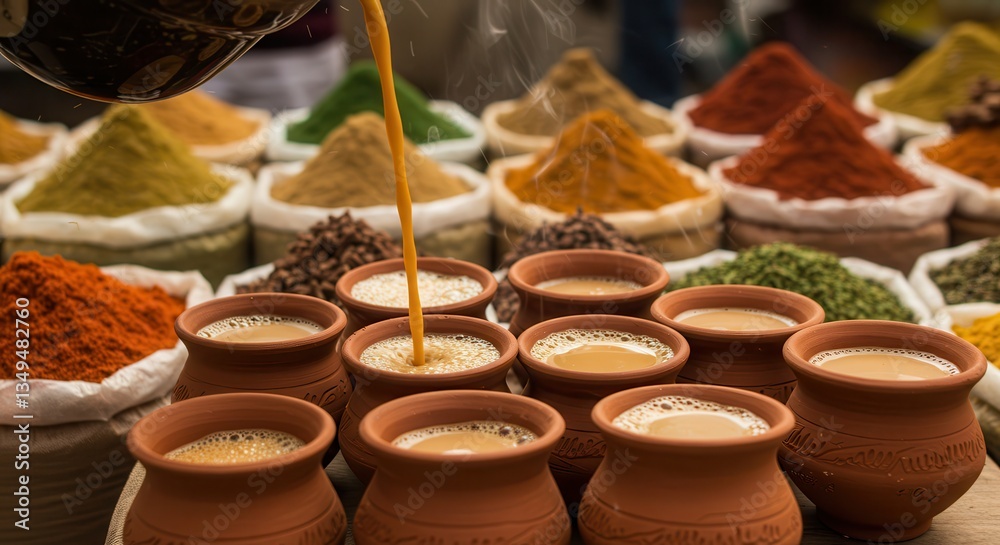 Fototapeta premium Pouring Hot Beverage Into Pottery Cups at Outdoor Spice Market