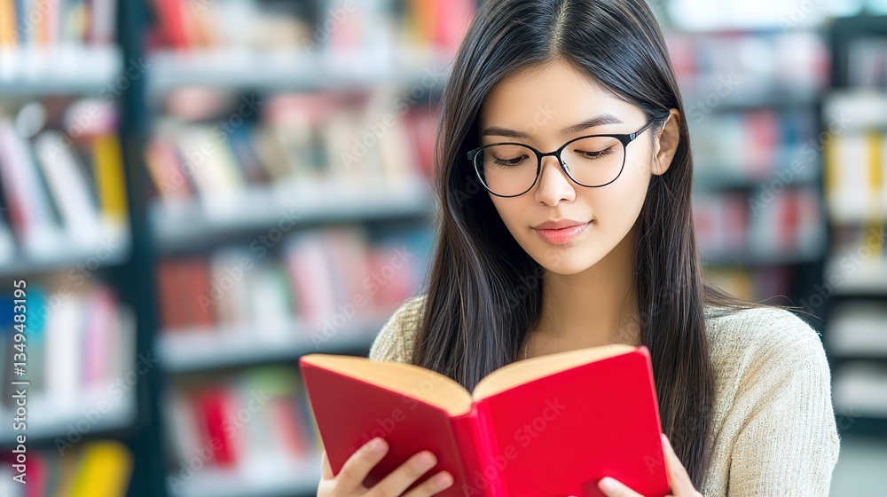 A Young Woman Engrossed In A Captivating Red Book, Lost In A World Of Stories Within A Serene Library Setting Bathed In Soft Light A Young Woman Engrossed In A Captivating Red Book, Lost In A World Of Stories Within A Serene Library Setting Bathed In Soft Light