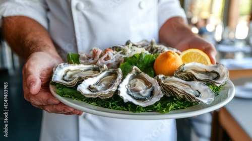 A chef presenting a plate of fresh oysters garnished with green leaves and lemon.
