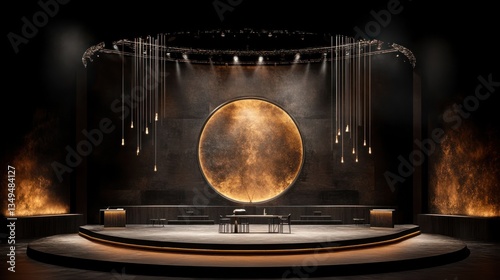 Dark stage with circular backdrop,  illuminated table, and hanging lights