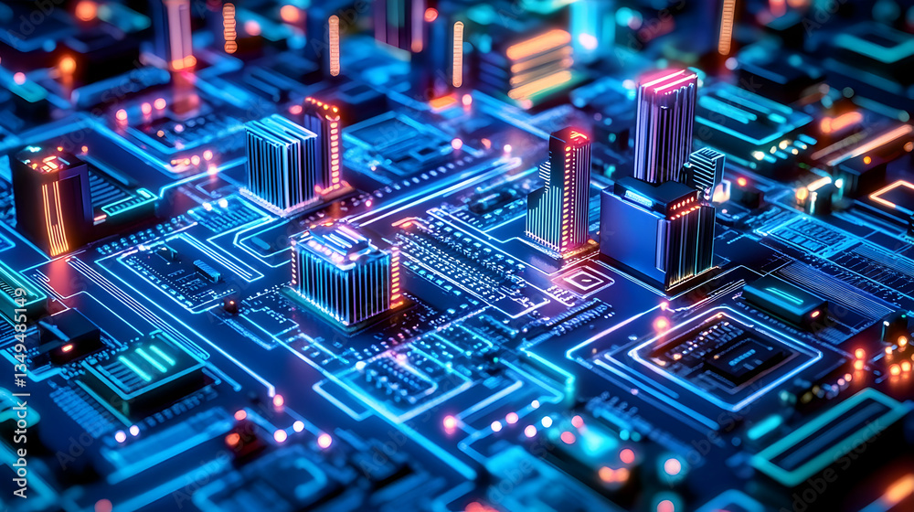 Futuristic city on circuit board; tech background Futuristic city on circuit board; tech background