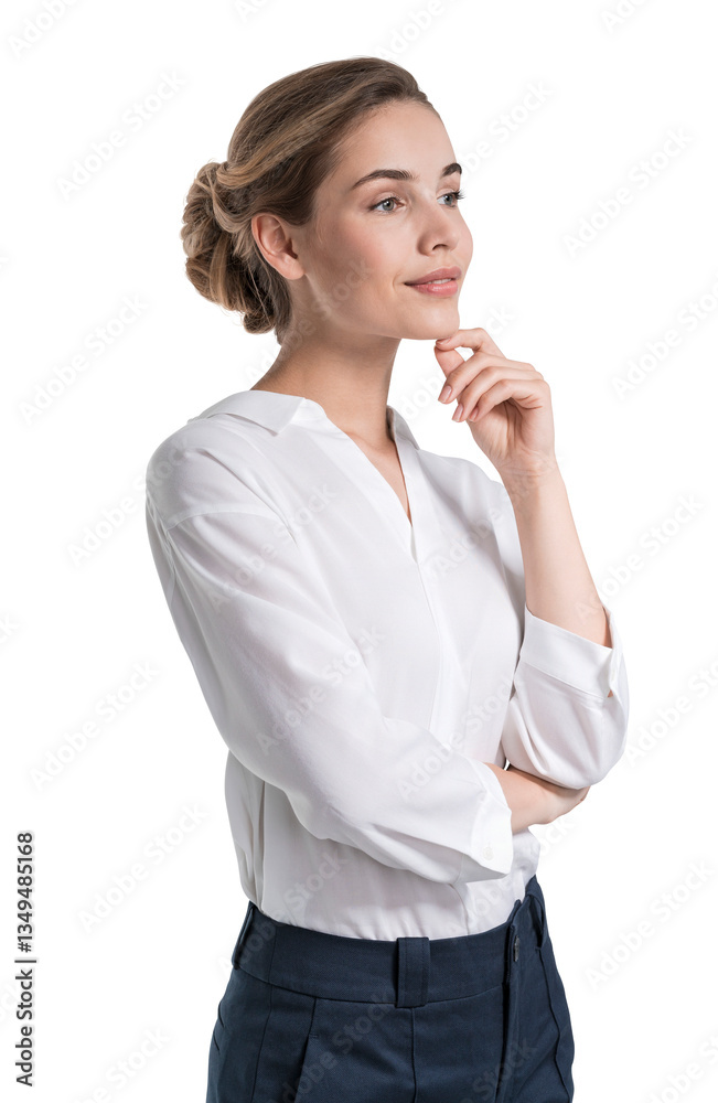 Confident woman in a white blouse standing isolated on a white background, looking thoughtful with a hand on her chin. Professional and business concept Confident woman in a white blouse standing isolated on a white background, looking thoughtful with a hand on her chin. Professional and business concept